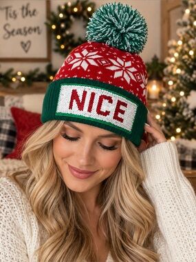NWT Naughty Nice Flip Sequin Christmas Pom Pom Beanie Red
Green White